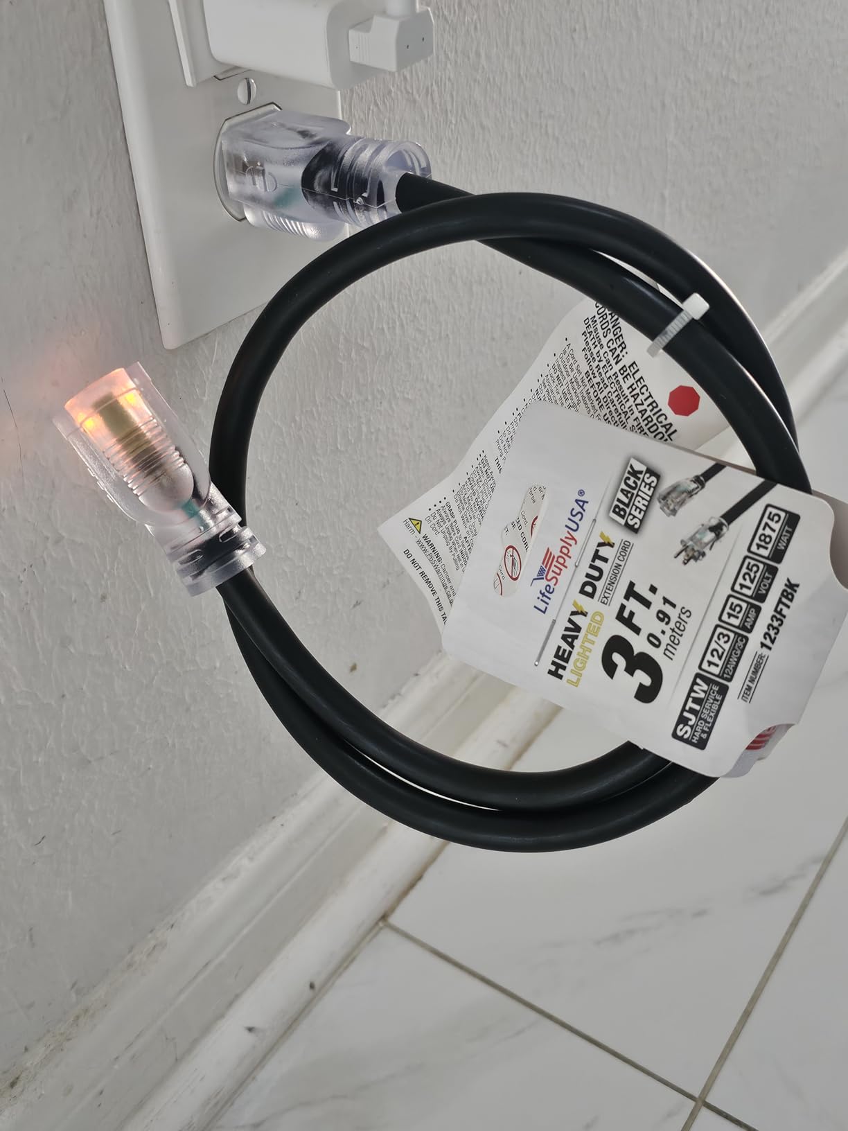 50ft Outdoor/Indoor Extension Cord 12/3 Gauge Extra Heavy Duty 3 Prong SJTW (5-15P/5-15R), Waterproof, Flexible Cold-Resistant Long Power Cord,15A 125V 1875W, Yellow by LifeSupplyUSA customer photo 1