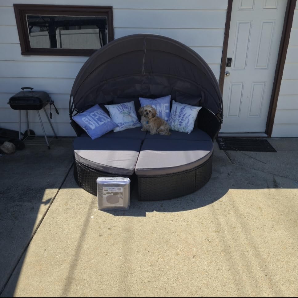 Outdoor Patio Furniture Canopy Daybed Round Sofas, 4 Pieces Seating Separates Cushioned Seats, Black Wicker, Lawn Poolside Garden, Grey customer photo 2