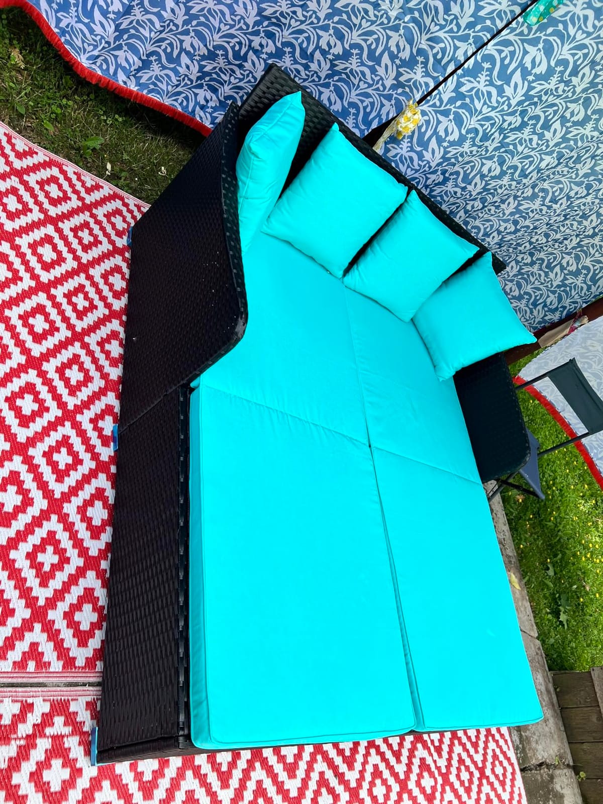 HAPPYGRILL Outdoor Rattan Daybed, Patio Sunbed Sofa Set with Cushion & Pillows, Sturdy Aluminum Foot, Wicker Patio Furniture Double Bed Lounger for Garden Porch Poolside customer photo 2