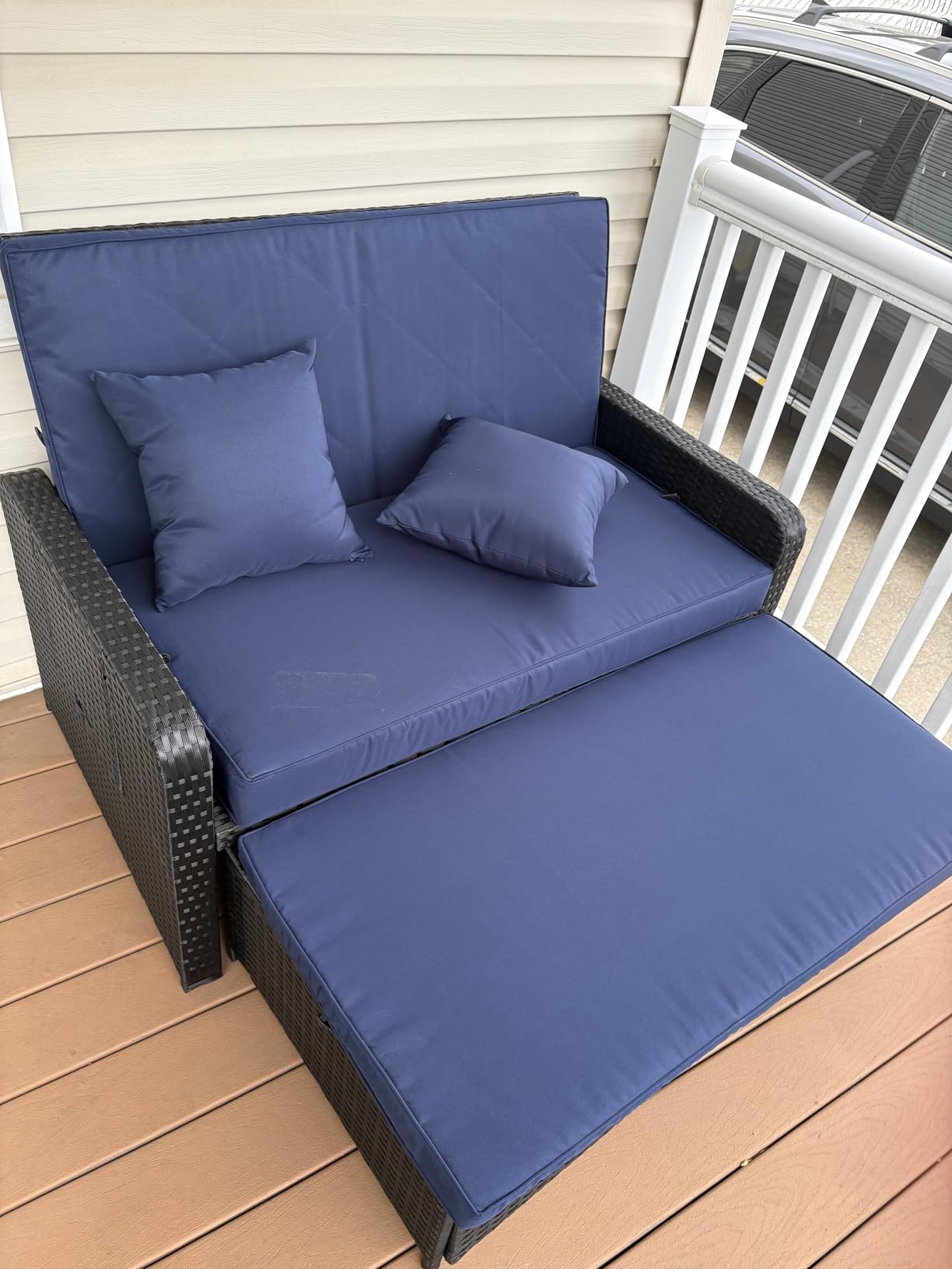 Tangkula Patio Rattan Daybed with 4-Level Adjustable Backrest, Outdoor PE Wicker Loveseat with Storage Ottoman & Folding Side Tray, Double Sunbed Lounger for Balcony, Backyard & Poolside customer photo 1