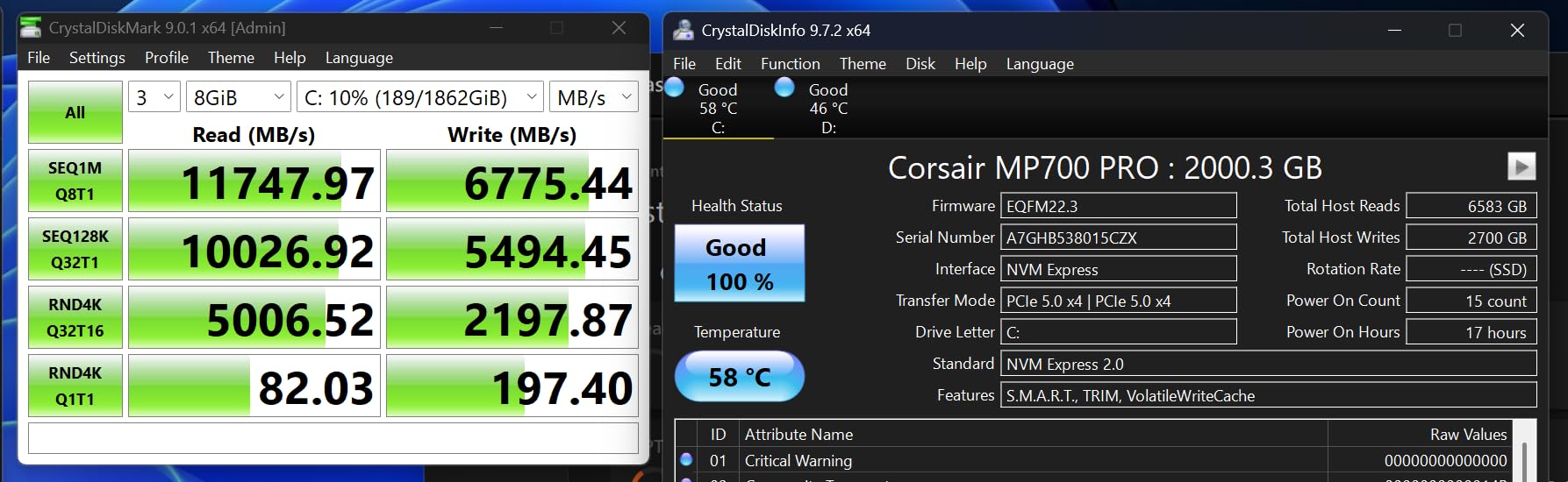 Corsair MP700 PRO 2TB M.2 PCIe Gen5 x4 NVMe 2.0 SSD – M.2 2280 – Up to 12,400MB/sec Sequential Read – High-Density TLC NAND – Black customer photo 1