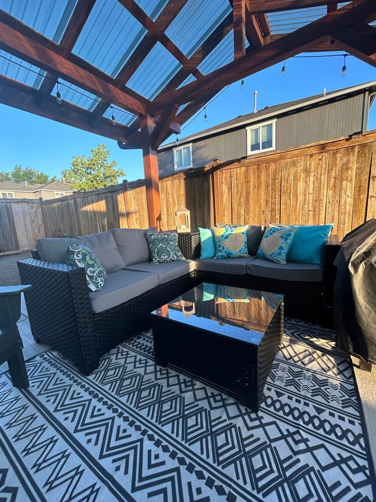 WAROOM Patio Furniture Set 4 Piece Conversation Sets Brown Rattan Outdoor Couch Loveseat Wicker Sectional Sofa with Storage Box Glass Top Table, Khaki Cushion customer photo 2