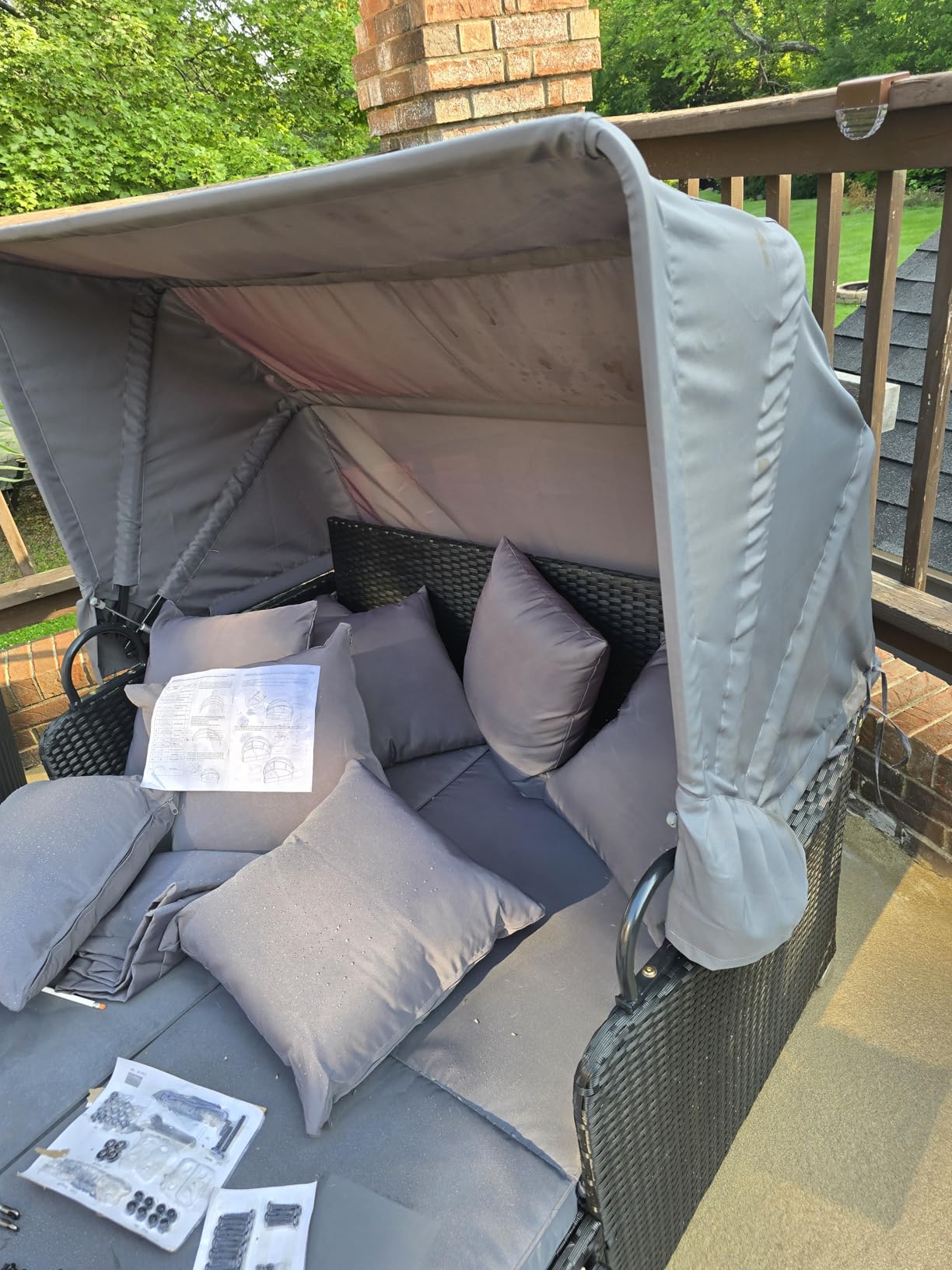 HAPPYGRILL Outdoor Wicker Lounge Daybed, Hand-Woven PE RattanDaybed, Patio Loveseat Sofa Set with Retractable Canopy & 2 Side Tables, Outdoor Sun Lounger with Soft Cushions customer photo 2
