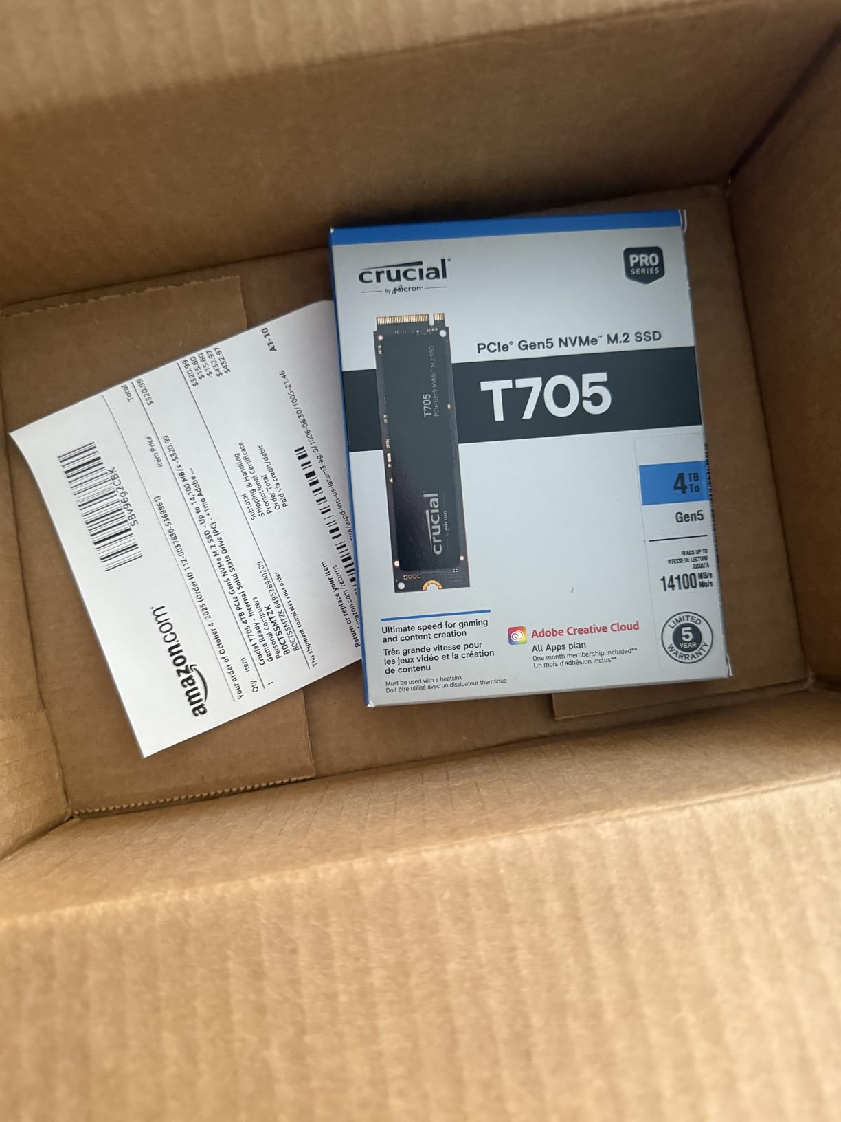 Crucial T705 PCIe Gen5 NVMe 1TB SSD, Up to 13,600MB/s, TLC NAND, Intel & Ryzen Compatible, for Hardcore Gaming & High-Speed Storage, Solid State Drive, Includes 1Mo Adobe CC – CT1000T705SSD3 customer photo 1
