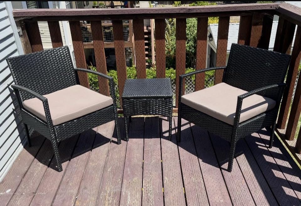 PROHIKER 4 Piece Outdoor Wicker Patio Conversation Furniture Set, Rattan Chair Wicker Sofa Garden Conversation Sets with Cushion and Glass Table for Yard Pool or Backyard, Brown/Khaki customer photo 2