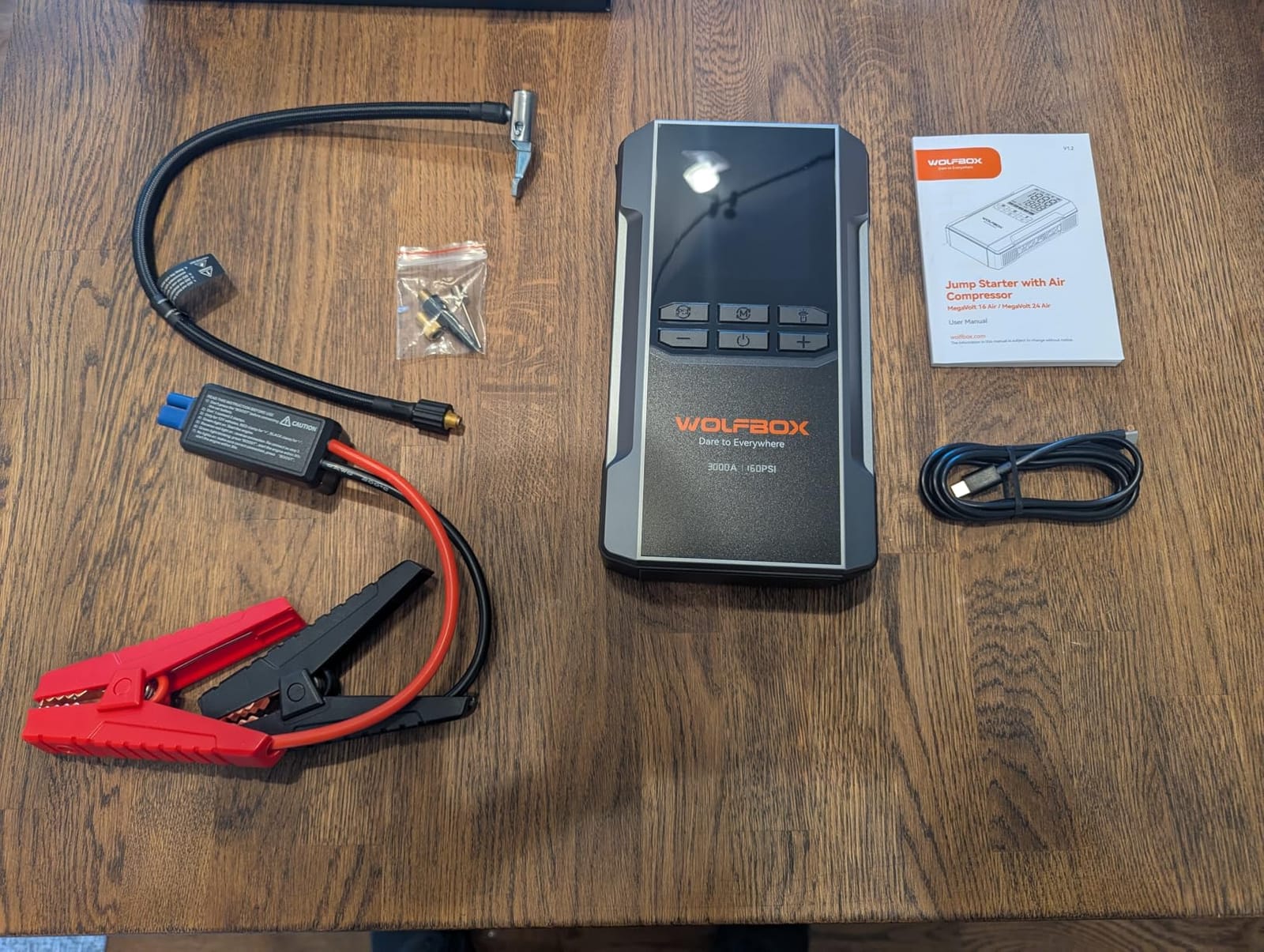 WOLFBOX MV16A 3000A Jump Starter with Air Compressor, 59.2Wh&160PSI Portable Car Battery Jump Starter with 65W Fast Charging, 12V Battery Pack (8L Gas 6L Diesel) with Boost, Light and Jumper Cables customer photo 1