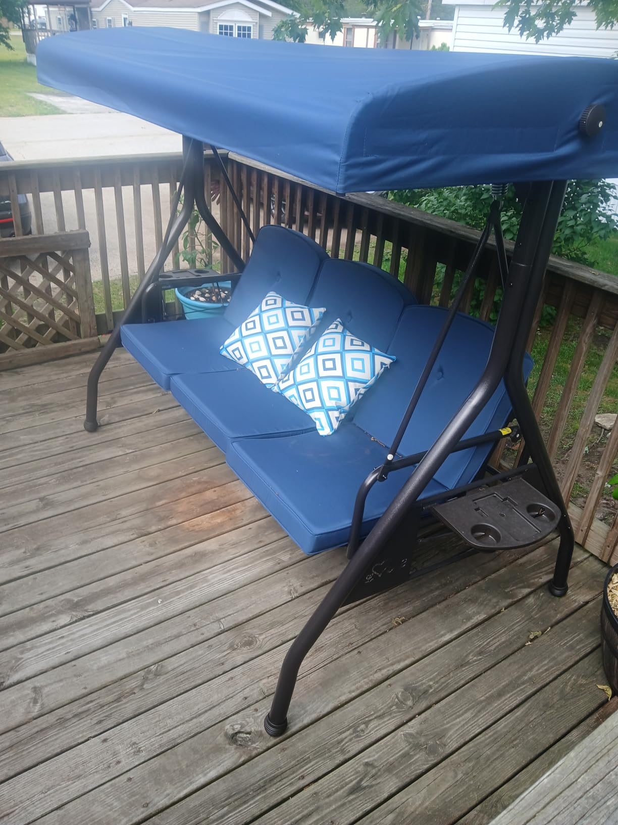 ZZW 3 Seat Outdoor Porch Patio Swing with Stand 800lbs 2-in-1 Convertible Swing Bed with Adjustable Canopy & Removable Cushion for Yard Garden Deck (Khaki, Square Tube) customer photo 1