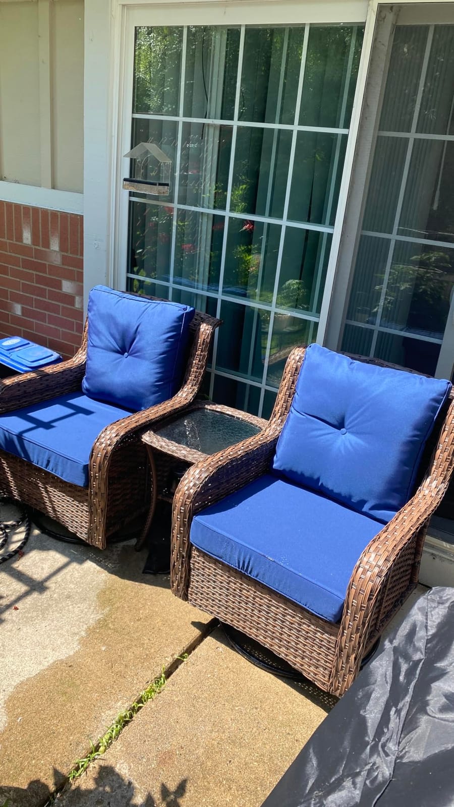 Wumiokio Patio Furniture Sets, 3 Pieces Wicker Outdoor Furniture - 360 Degree Swivel Rocking Chairs and Rattan Side Table for Garden,Porch,Backyard (Grey Wicker/Blue Cushion, 3PCS - Swivel Chairs) customer photo 1