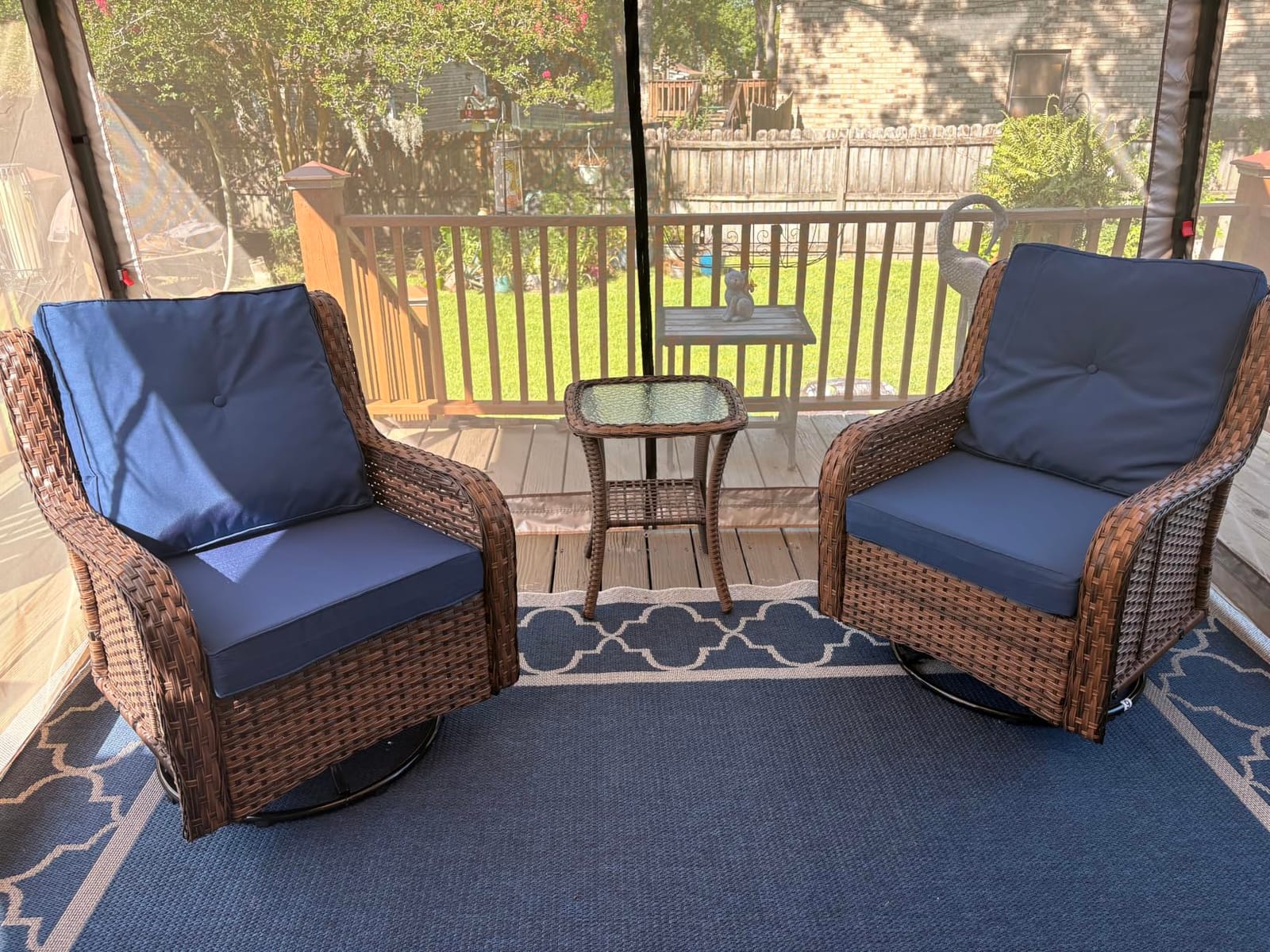 Wumiokio Patio Furniture Sets, 3 Pieces Wicker Outdoor Furniture - 360 Degree Swivel Rocking Chairs and Rattan Side Table for Garden,Porch,Backyard (Grey Wicker/Blue Cushion, 3PCS - Swivel Chairs) customer photo 2