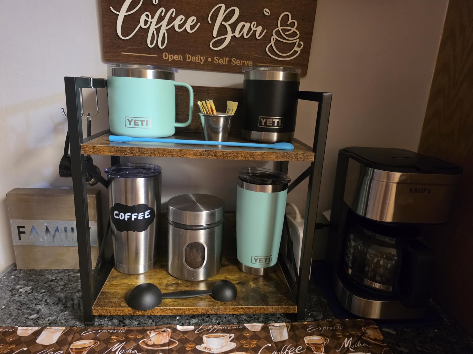 RUILALIFE 2 Tier Kitchen Counter Shelf Organizer, Coffee Bar Station Organizer for Countertop，Space Saving Spice Rack, Desk Shelf Riser, Coffee Bar Accessories(Rustic Brown, Medium) customer photo 2