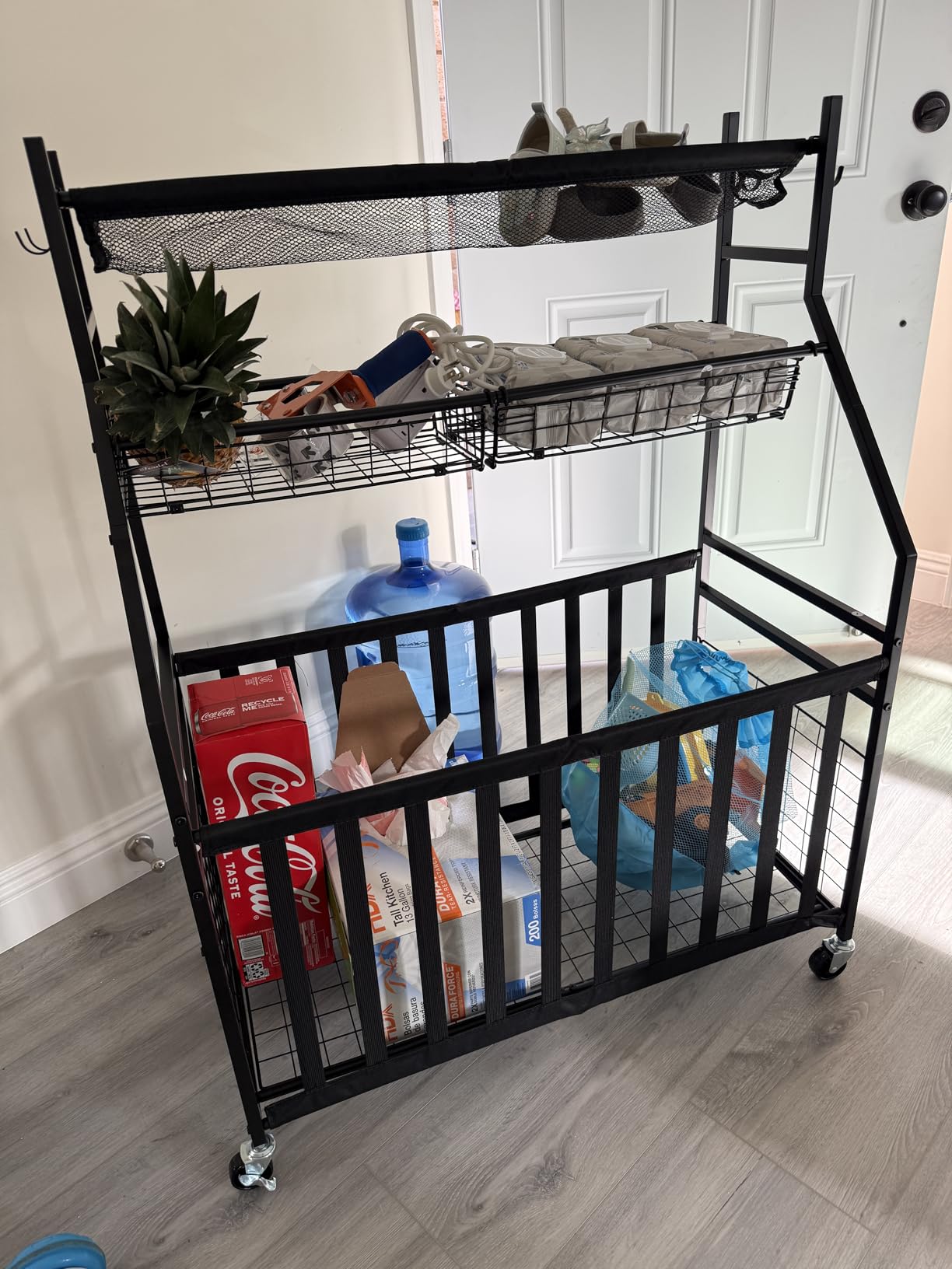 Jsskeeim Garage Sports Equipment Organizer,Sports Ball Organizer with Wheels,Mesh Pocket, Basket,Ball Organizer with Baseball Bat Rack and HooksToy Storage Rolling Cart-Black customer photo 1